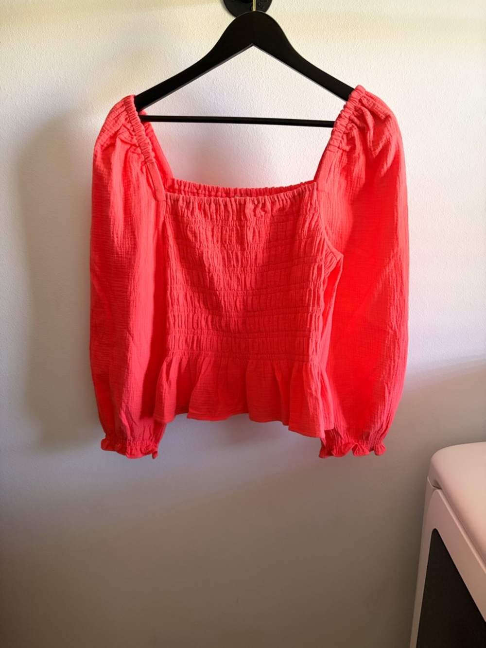 J.Crew Coral Pink Smocked Puff Sleeve Peplum Blouse Size L